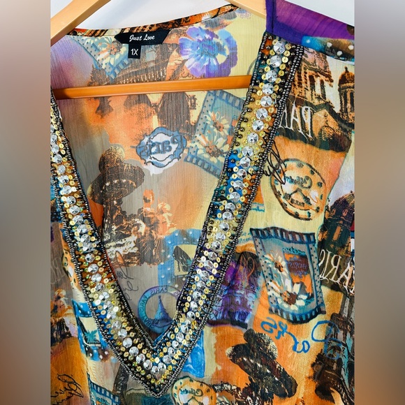 Multicolor Sheer Deep V Paris Print Cover-up Tunic Dress Size 1X - Picture 4 of 6